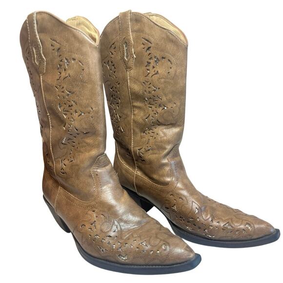 Roper Alisa Size 11 Tan Faux Leather Snip Toe Embellished Inlay Cowgirl Boots - Picture 1 of 12